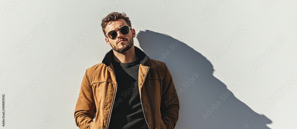 Poster stylish man standing outside against a white background. with copy space image. place for adding tex