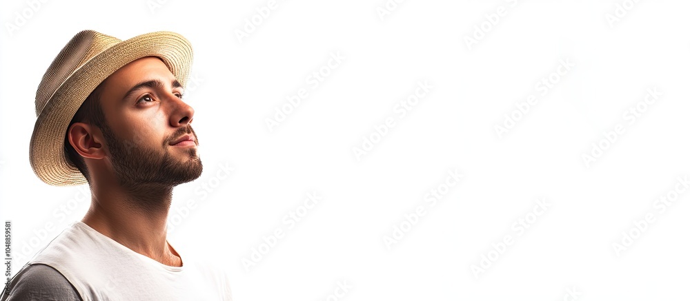 Poster portrait of a young man wearing a hat positioned next to a blank space isolated on a white backgroun