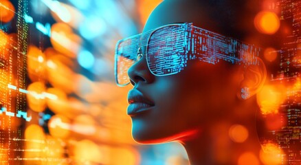 Futuristic technology inspired portrait with neon digital glasses