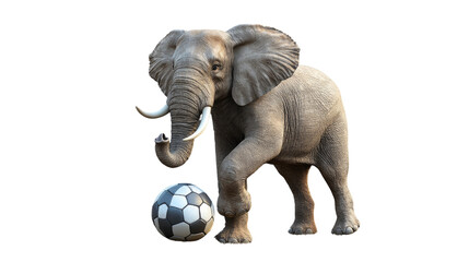 Fototapeta premium Elephant standing on a white background with a ball, showcasing its large size and distinctive trunk