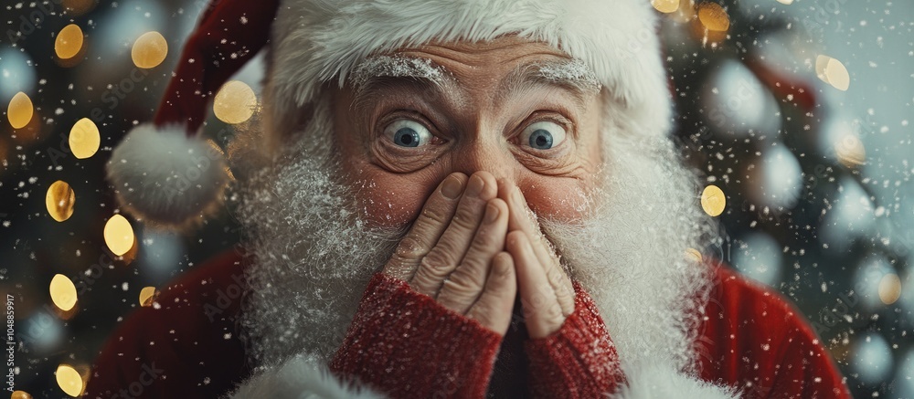 Poster surprised santa claus covering his mouth with his hands while looking away at home. with copy space 