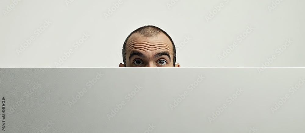 Aufkleber Portrait of a man looking over a white surface in a studio. with copy space image. Place for adding text or design