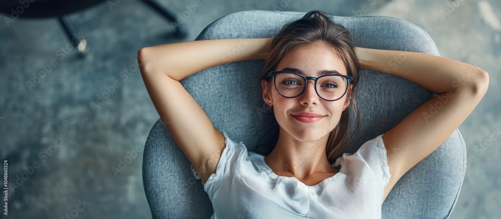 Poster high angle view of a happy young businesswoman seated with her hands behind her head gazing away in 