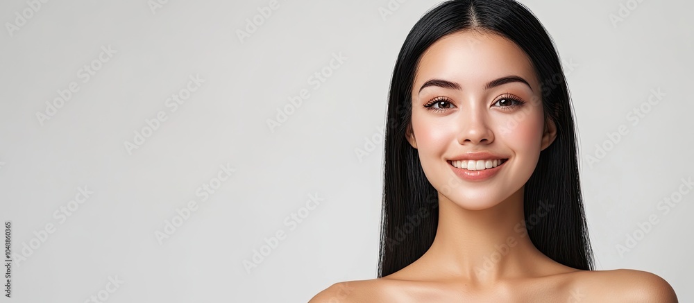 Poster beautiful woman with straight black hair smooth skin and a smiling pose with open shoulders set agai