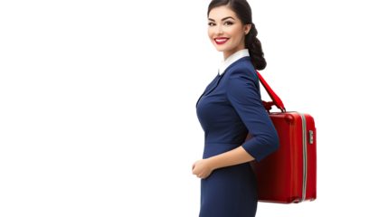 A smiling businesswoman stands confidently with a suitcase in a modern office setting