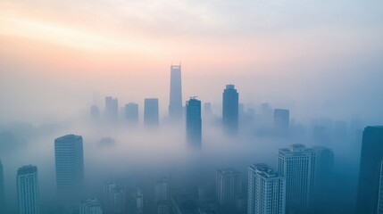 Fototapeta premium Aerial View of Cityscape Shrouded in Fog