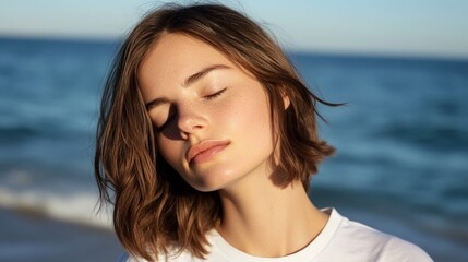 Naklejka premium Serene young woman enjoying the peaceful ocean breeze at the beach