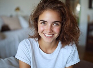 Smiling young woman with wavy hair in a cozy home setting