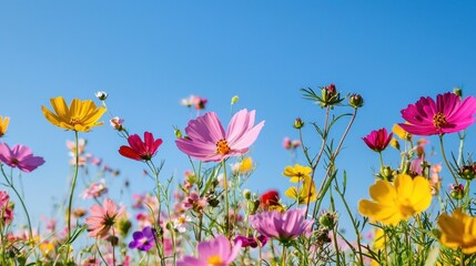 Close-up of a field of wildflowers in full bloom, displaying an array of bright colors against a clear blue sky