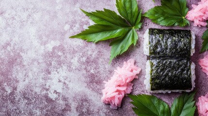 Obraz premium Two pieces of onigiri, Japanese rice balls wrapped in seaweed, with pink pickled ginger and green leaves on a grey background.