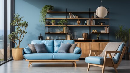 Cozy Scandinavian space with a blue sofa and bookcase, adding color and minimalist charm to the room.