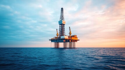 Obraz premium Abandoned Oil Rig in Calm Ocean Waters at Sunset