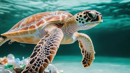 Fototapeta premium Sea Turtle Swimming Underwater in Clear Ocean Water
