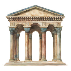 Fototapeta premium A watercolor illustration of an ancient Greek temple with six columns.