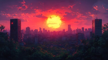 Fototapeta premium A vibrant, almost otherworldly sunset over a cityscape, with tall buildings silhouetted against the bright orange and red sky. The large sun appears to be sinking below the horizon, 
