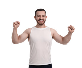 Fototapeta premium Handsome young man running on white background