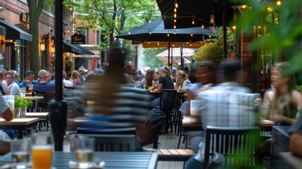 Fototapeta premium Outdoor Restaurant Patio with Patrons and String Lights