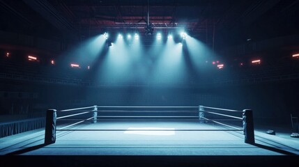 The center of the wrestling ring is illuminated by bright lights, casting shadows on the ropes and mat, with an empty arena in the background