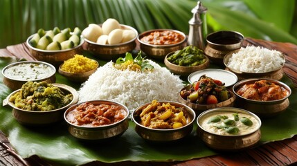 Traditional Onam meal with sadhya rice and various side dishes served on a banana leaf, set against a lush green background