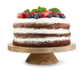 Delicious chocolate sponge cake with berries isolated on white