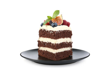 Piece of delicious chocolate sponge cake with berries isolated on white