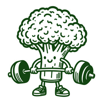 broccoli mascot with a barbell, fitness sketch