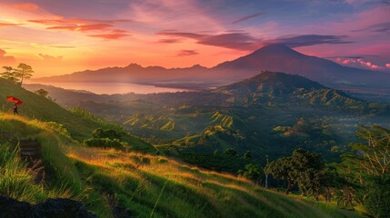 Fototapeta premium A lone hiker with a red umbrella enjoys the sunset over a volcanic landscape.
