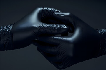 Black Latex Gloves with Droplets in Dark Lighting, Close-Up of Interlocked Black Gloved Hands