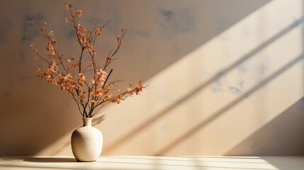 A minimalistic design showcasing a branch in a clay vase, illuminated by sunlight on a concrete wall, offering a serene ambiance.
