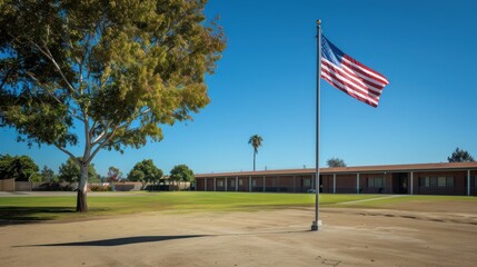 Fototapeta premium American Flag Flying in Front of a School Building