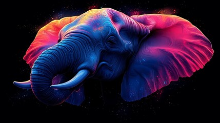 A vibrant, colorful illustration of an elephant's head against a dark background, with a psychedelic, glowing effect.