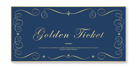 Golden ticket on a delicate blue background. Premium vector ticket template in vintage Victorian style for classic gala events and campaigns. For web and print. 