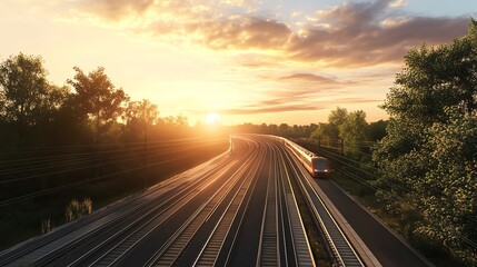 Obraz premium Train at sunset, serene landscape view