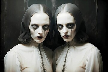 vintage creepy black and white image of two strange  girls dressed in white with face paint on