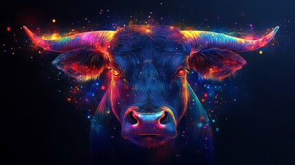 Fototapeta premium A colorful and vibrant illustration of a bull's head with glowing horns and a dark background.