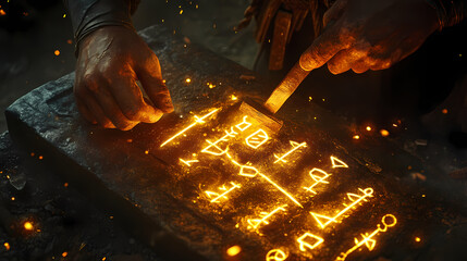A blacksmith engraves glowing runes onto a metal surface, creating a magical and surreal atmosphere with each hammer strike. Medieval Blacksmith. Illustration