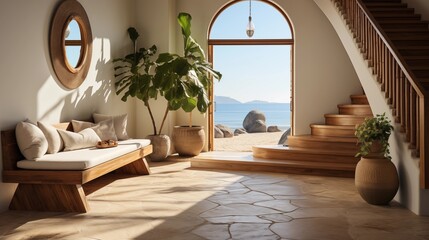 Airy coastal entrance hall with louvered door and tiled floor, providing a fresh, beach-inspired look for a welcoming home.