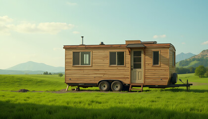 Cozy tiny house on wheels in a scenic landscape, representing alternative lifestyles