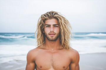 handsome blonde man on the beach looking at the camera