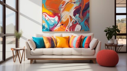 Modern minimalist living room with white corner sofa and colorful pillows, perfect for a vibrant, contemporary feel.