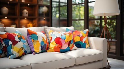 Playful pop art decor with colorful pillows on white corner sofa, bringing a lively touch to...