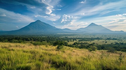 Fototapeta premium A scenic landscape with two volcanic mountains and grassy fields in the foreground