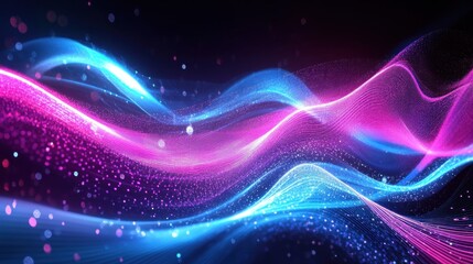 Obraz premium Abstract background with glowing blue and pink waves and sparkling particles.