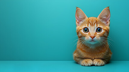 Orange cat smiling at the camera on a blue background