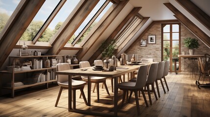 Fototapeta premium Scandinavian dining room in an attic featuring a wooden table and chairs with beams, creating a warm and rustic atmosphere.