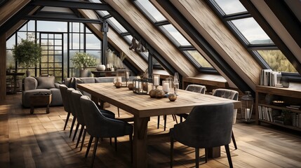 A charming Scandinavian dining room in an attic featuring wooden beams, a rustic table, and chairs for a cozy, inviting space.