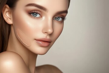 Fototapeta premium A beauty model showcasing flawless skin with makeup applied in a simple studio setting