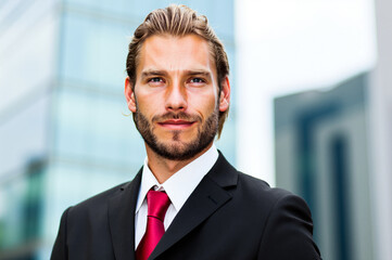 Fototapeta premium Confident businessman smiling with office building in background