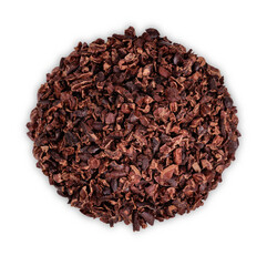 Cocoa nibs that are strong and have not undergone any processing other than roasting and shelling isolated on  white background. top view