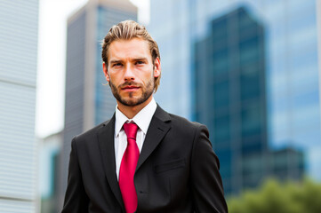 Fototapeta premium Young businessman standing in front of city skyline